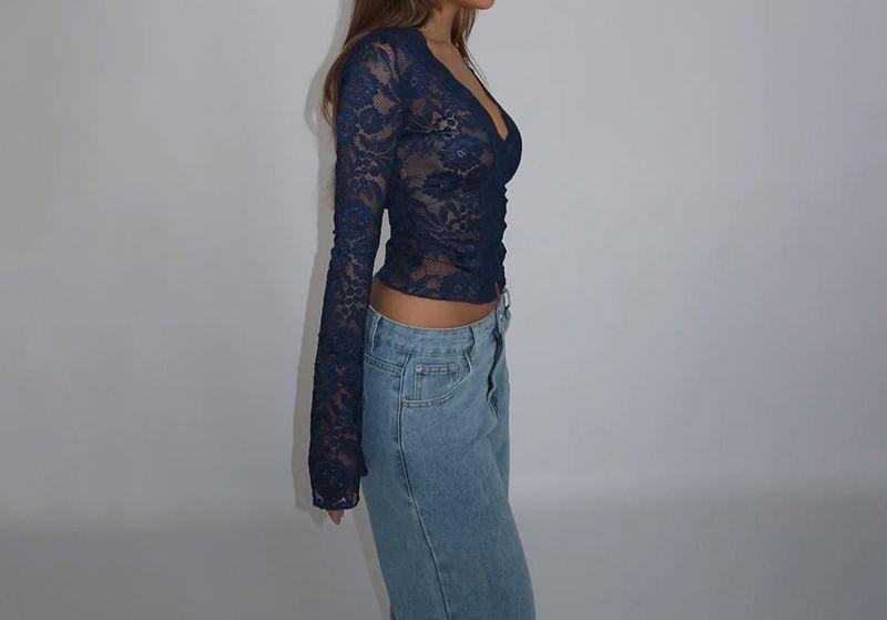 Long Sleeve V-Neck Lace Button Up Cropped Top Product Image