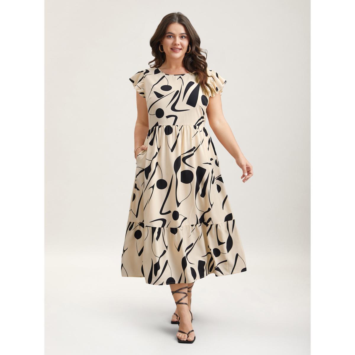 Plus Size Geometric Print Flutter Sleeve Tiered Midi Dress Apricot Women Elegant Ruffles Round Neck Cap Sleeve Curvy BloomChic 18-20/2X Product Image