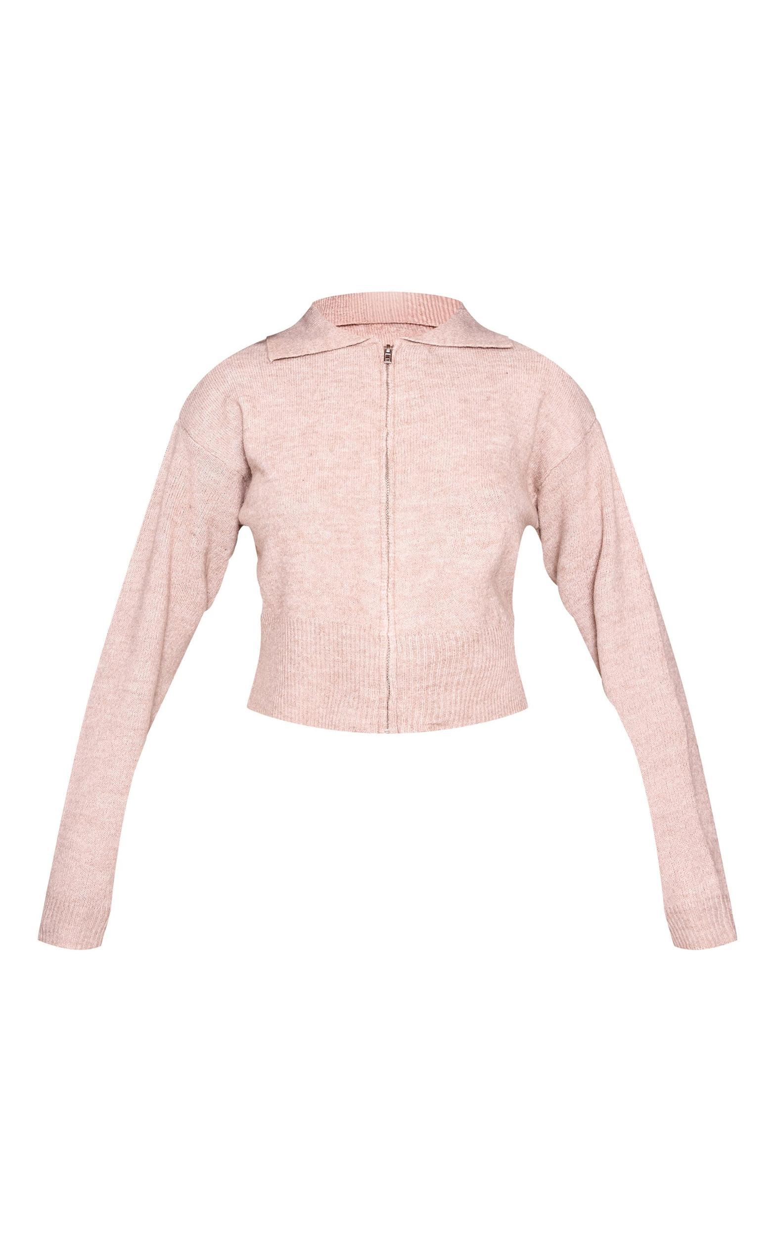 Mocha Marl Knit Cropped Zip Cardigan Product Image