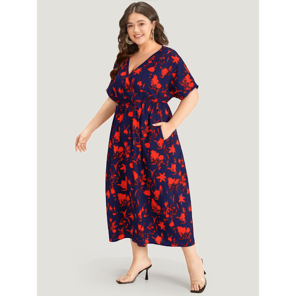 Plus Size Silhouette Floral Print Surplice Neck Elastic Waist Dress Navy Women Elegant Wrap V-neck Short sleeve Curvy Midi Dress BloomChic 14-16/1X Product Image