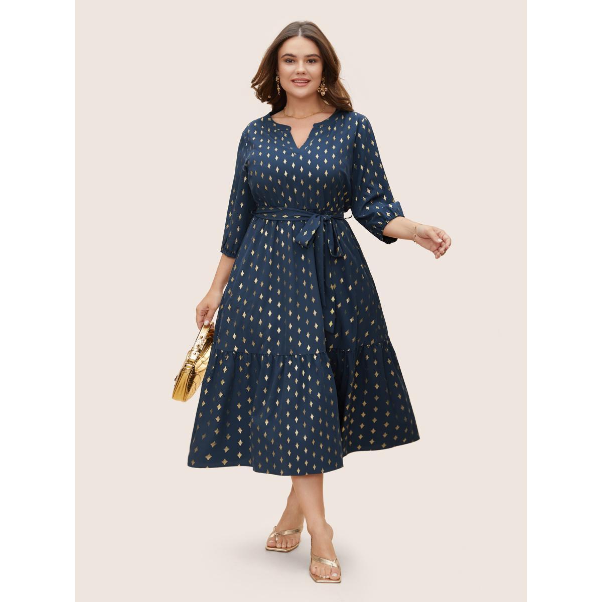 Plus Size Glitter Notched Lantern Sleeve Midi Dress Indigo Women Formal Gathered Notched collar Elbow-length sleeve Curvy BloomChic 30/6X Product Image