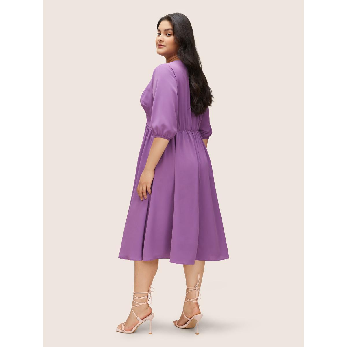 Plus Size Solid Patchwork Pleated Button Detail Dress Mauve Women At the Office Non V-neck Elbow-length sleeve Curvy Midi Dress BloomChic 22-24/3X Product Image
