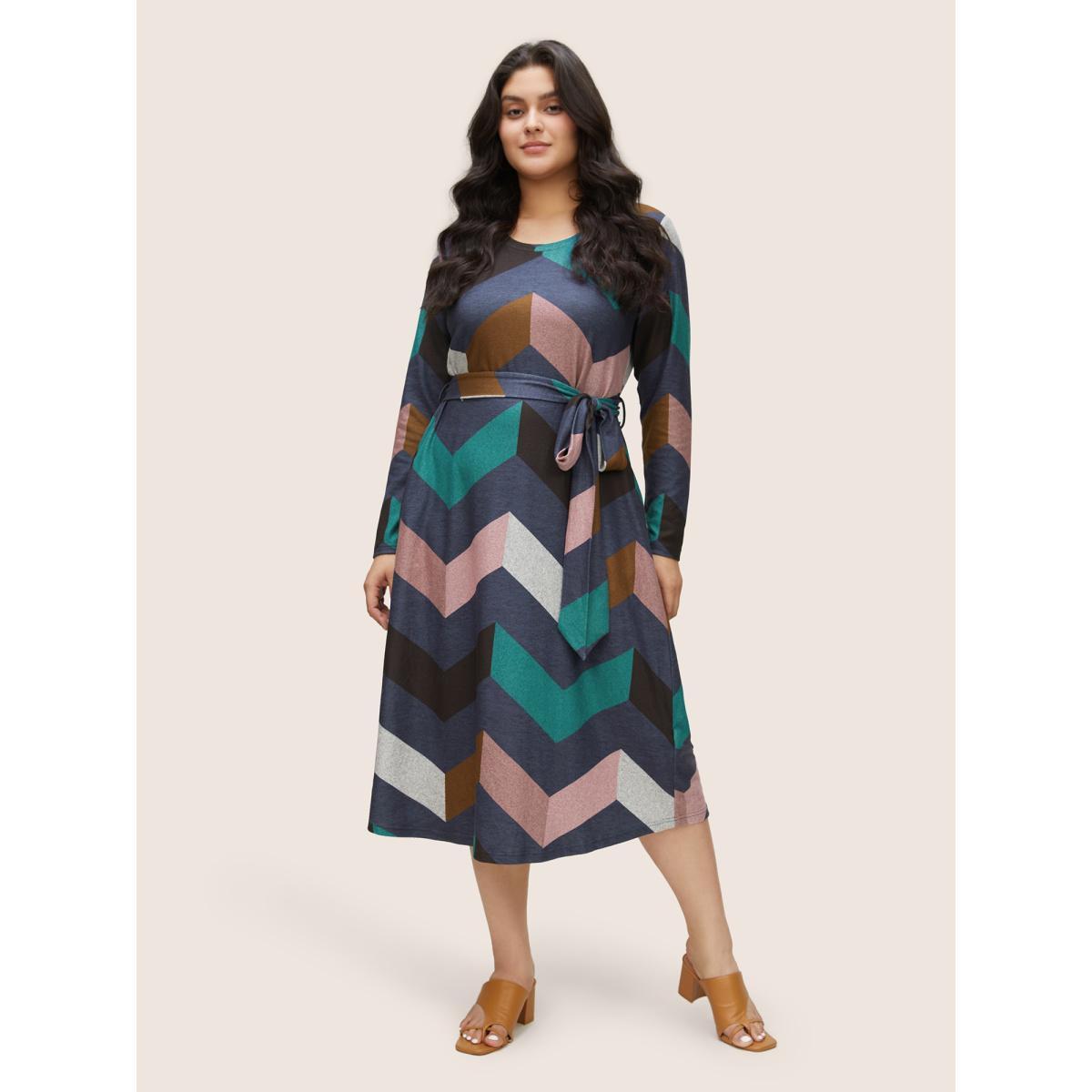 Plus Size Crew Neck Contrast Colorblock Belted Dress Multicolor Women Casual Belted Round Neck Long Sleeve Curvy Midi Dress BloomChic 28/5X Product Image