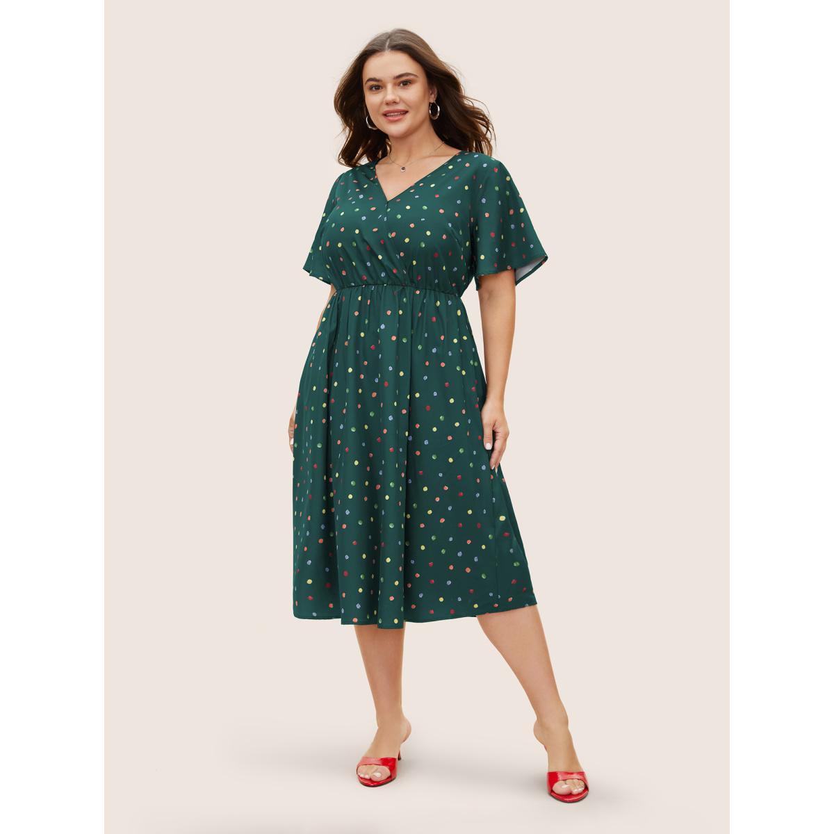 Plus Size Colored Polka Dot Overlap Collar Midi Dress DarkGreen Women Elegant Contrast Overlap Collar Short sleeve Curvy BloomChic 14-16/1X Product Image