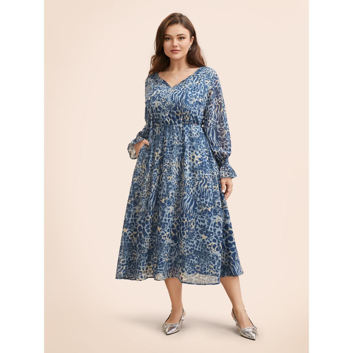 Plus Size Leopard Print Chiffon Tie Knot Dress Stone Women Elegant Tie knot V-neck Long Sleeve Curvy BloomChic 18-20/2X Product Image