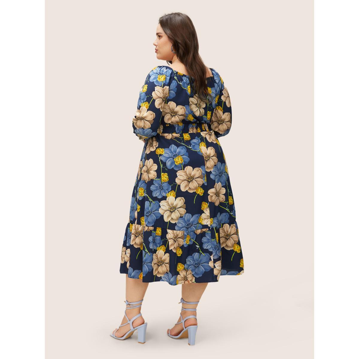 Plus Size Floral Print Square Neck Shirred Cuffs Dress DarkBlue Women Elegant Non Square Neck Elbow-length sleeve Curvy Midi Dress BloomChic 30/6X Product Image
