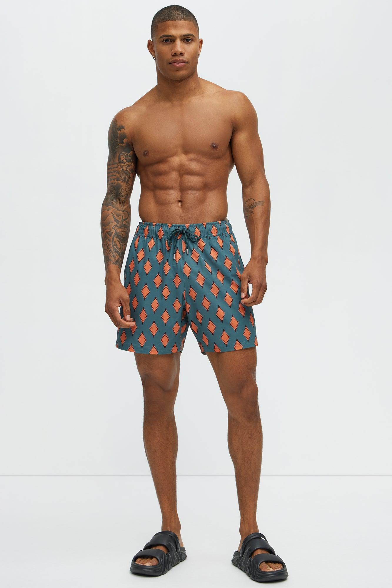 Geometric Diamond Printed Swim Mid Trunk - Multi Color Product Image