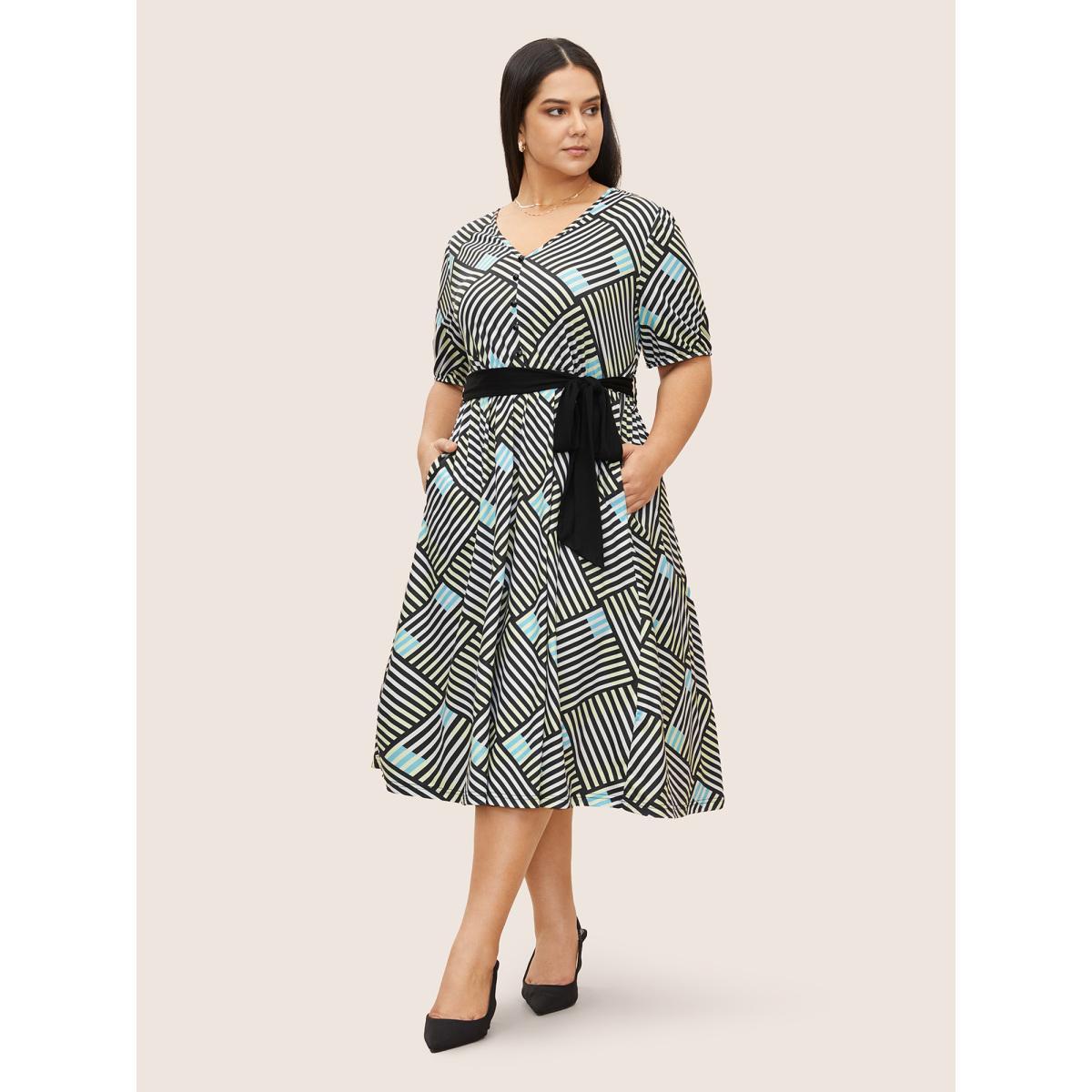 Plus Size V Neck Geometric Striped Button Detail Dress Black Women At the Office Belted V-neck Short sleeve Curvy Midi Dress BloomChic 10/M Product Image