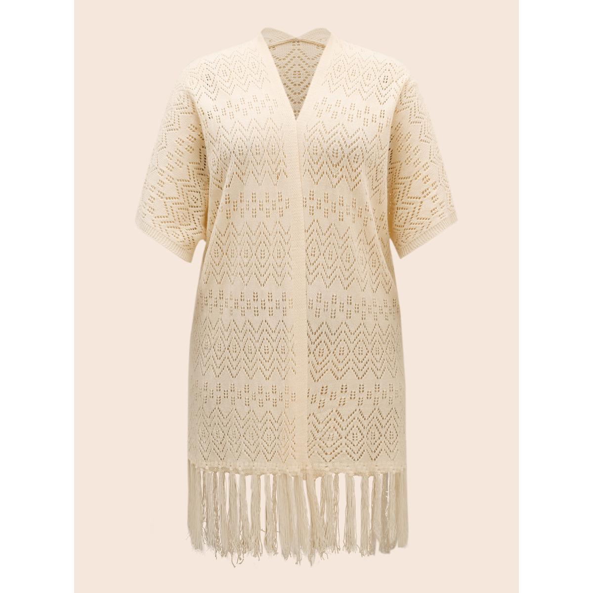 Plus Size Kimono Collar Cut Out Tassel Trim Cardigan Apricot Women Beach Loose Half Sleeve Vacation Cardigans BloomChic 18-20/2X Product Image