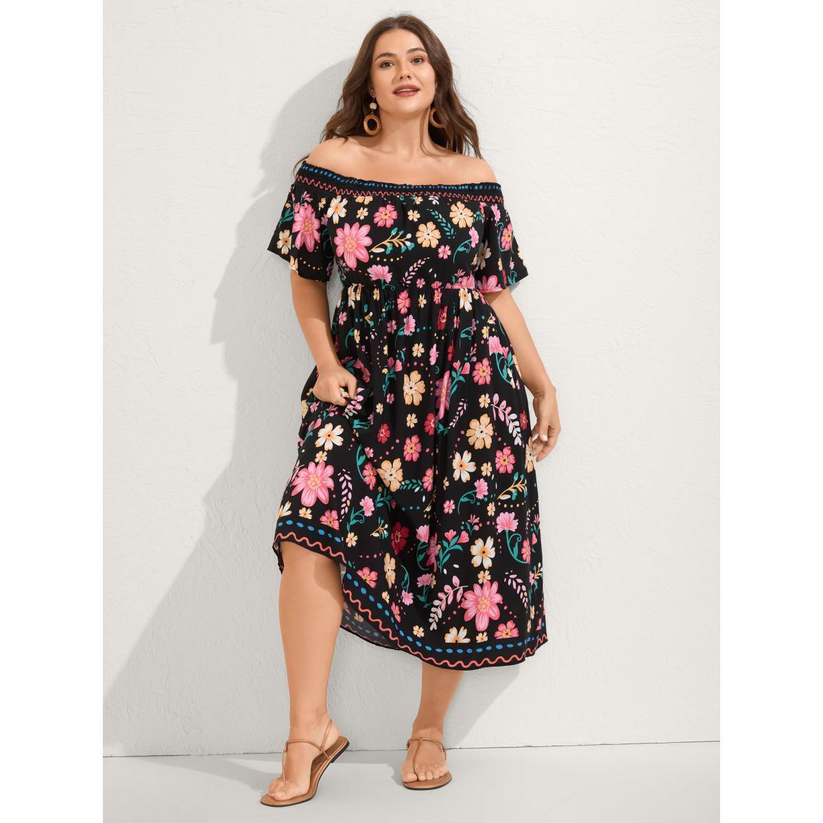 Plus Size Rayon Floral Shirred Off-Shoulder Midi Dress Black Women One-shoulder neck Short sleeve Curvy BloomChic 18-20/2X Product Image