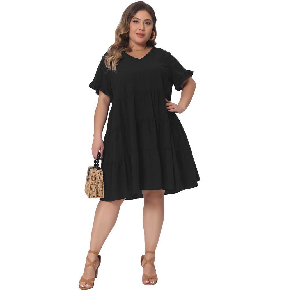 Agnes Orinda Women's Plus Size V Neck Ruffle Sleeve with Pockets Swing Tiered A Line Dresses Product Image
