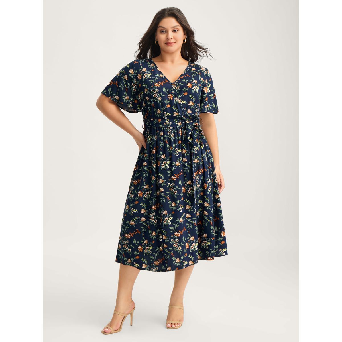 Plus Size Rayon Floral Side-Tie Stretchy Midi Dress Indigo Women Overlap Collar Short sleeve Curvy BloomChic 14-16/1X Product Image