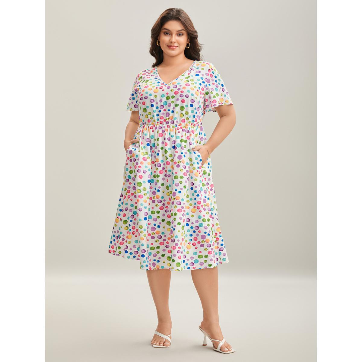 Plus Size Polka Dots Print Pockets V-Neck Midi Dress Originalwhite Women V-neck Short sleeve Curvy BloomChic 18-20/2X Product Image