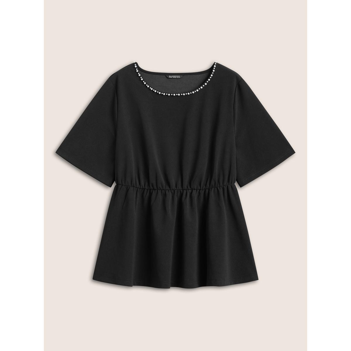 Plus Size Black Pearl Beaded Gathered Elastic Waist Blouse Women Elegant Short sleeve Round Neck Everyday Blouses BloomChic 12/L Product Image