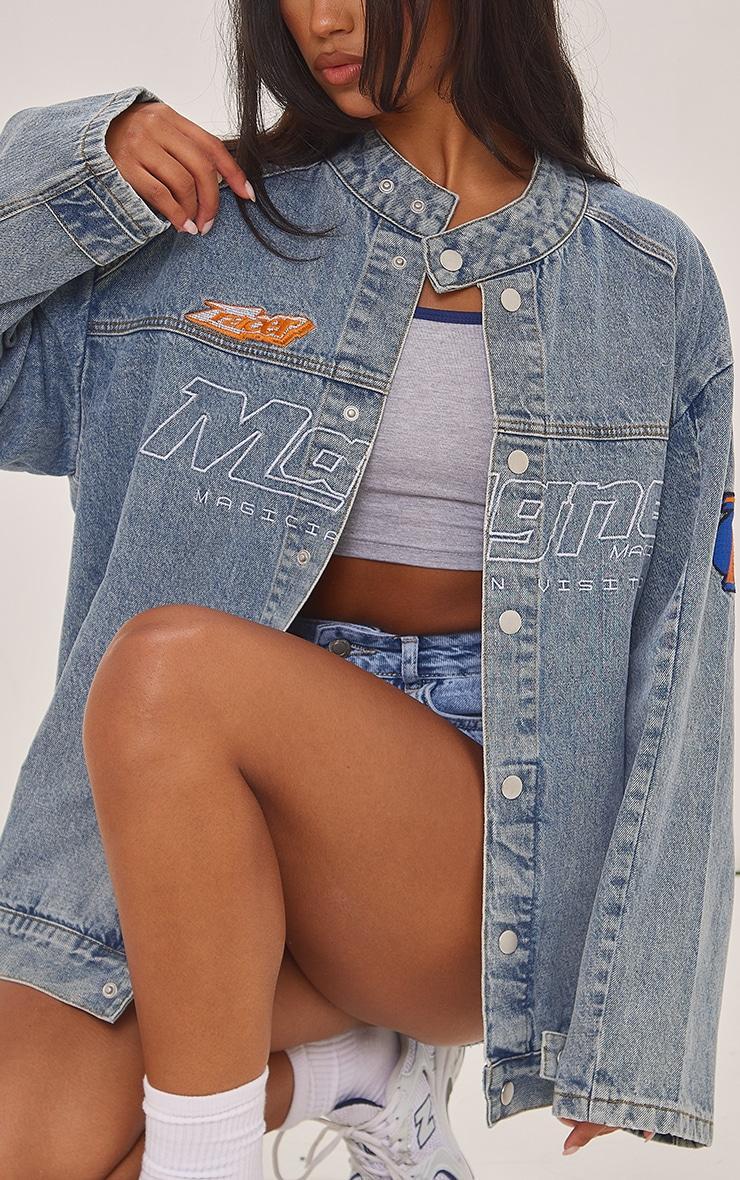 Mid Blue Wash Racer Graphic Oversized Denim Jacket Product Image