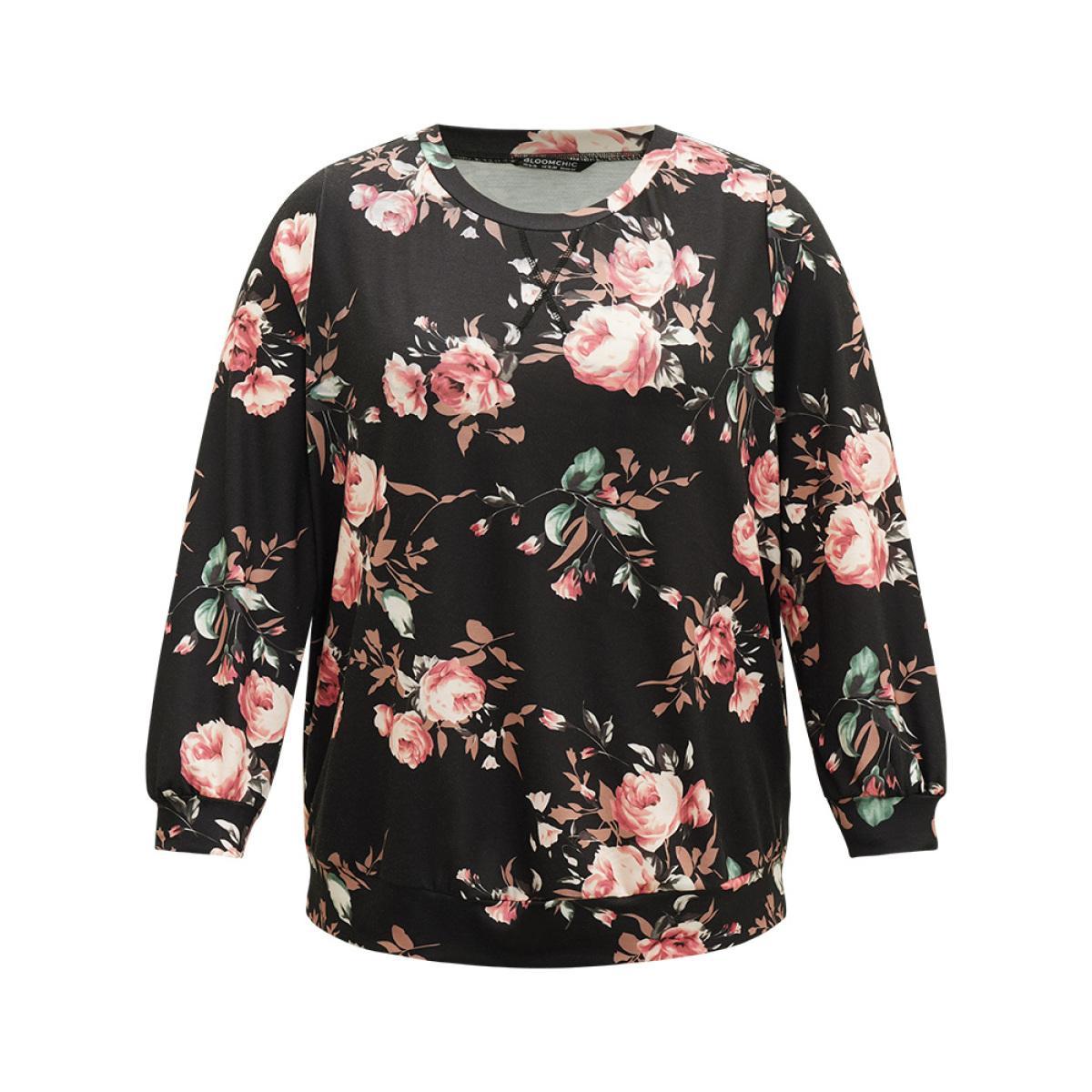 Plus Size Floral Print Round Neck Sweatshirt Women Multicolor Casual Elastic cuffs Round Neck Dailywear Sweatshirts BloomChic 26/4X Product Image