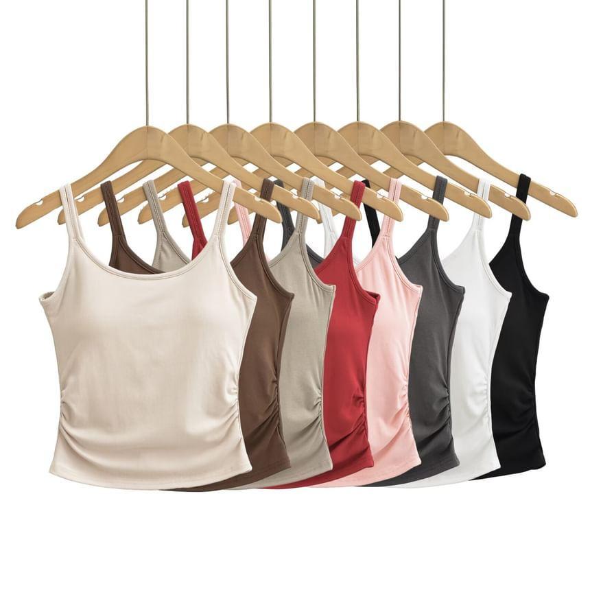Scoop Neck Plain Ruched Padded Open Back Crop Cami Top Product Image
