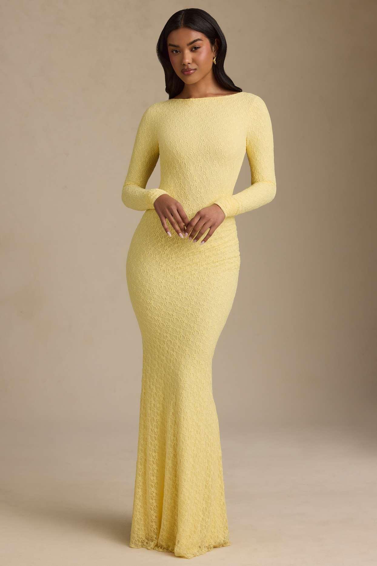 Ruched Backless Lace Maxi Dress in Pastel Yellow Product Image