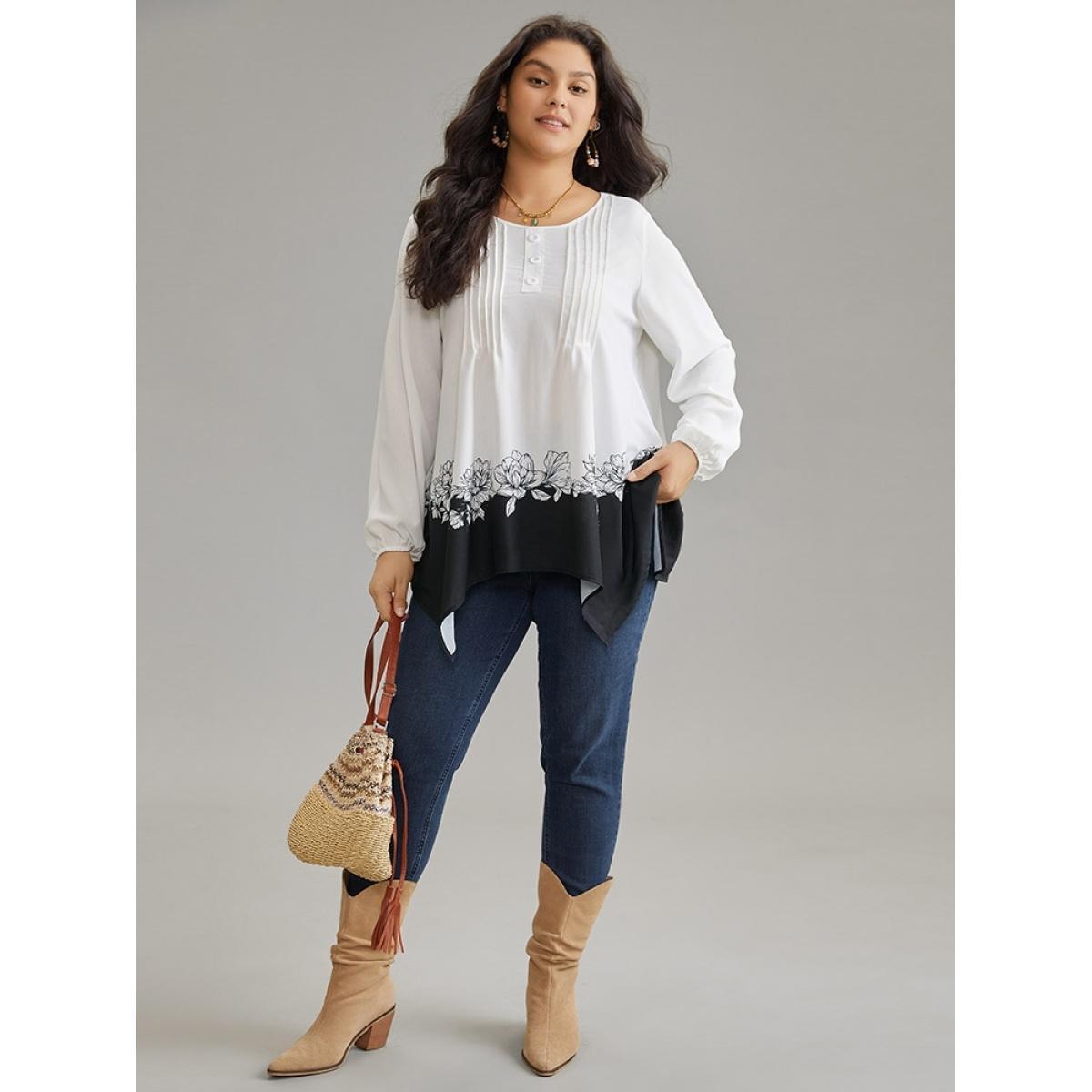 Plus Size White Boho Print Contrast Pleated Hanky Hem Blouse Women Vacation Long Sleeve Round Neck Vacation Blouses BloomChic 18-20/2X Product Image