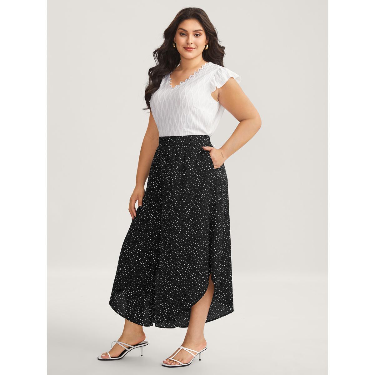 Plus Size Little Dots Asymmetrical Hem Slit Pants Women Black Elegant Wide Leg Mid Rise Everyday-Elegant Pants BloomChic 26/4X Product Image