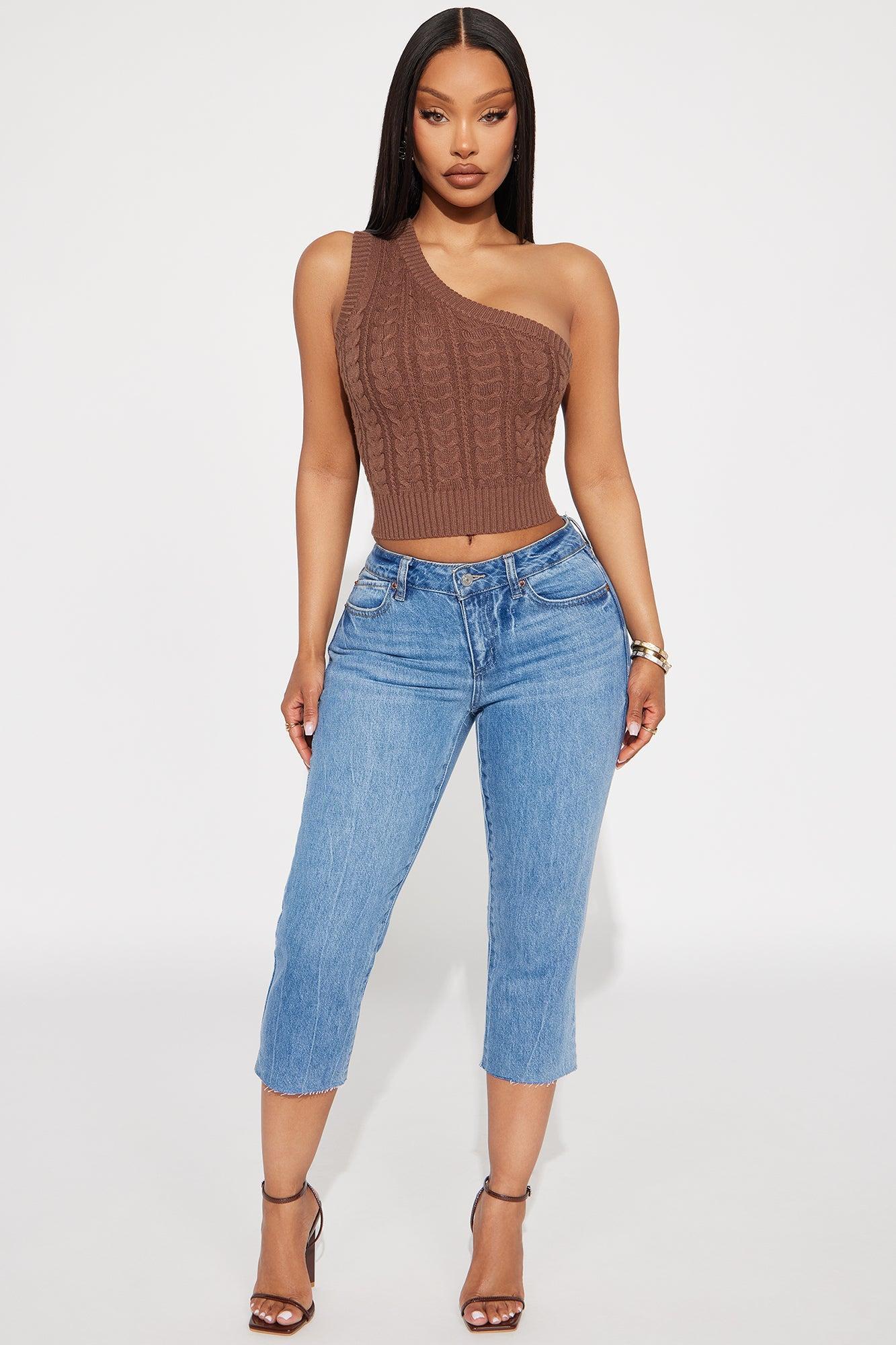 Devin Cable Knit One Shoulder Top - Brown Product Image