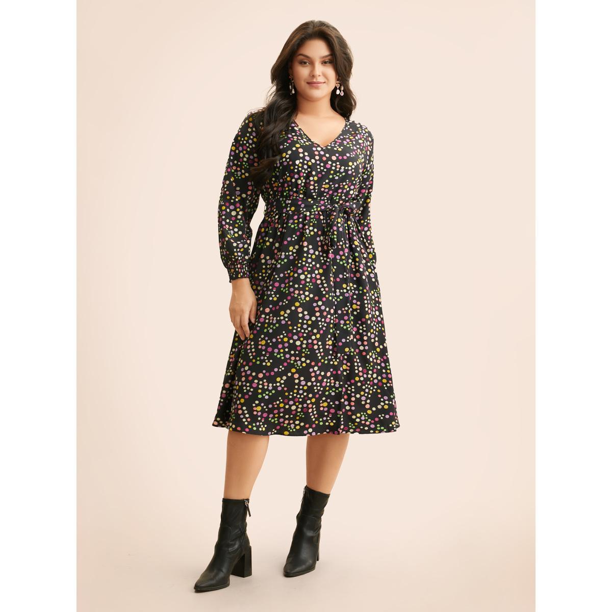 Plus Size Polka Dot Shirred Belted Split Hem Dress Black Women Elegant Belted V-neck Long Sleeve Curvy BloomChic 12/L Product Image