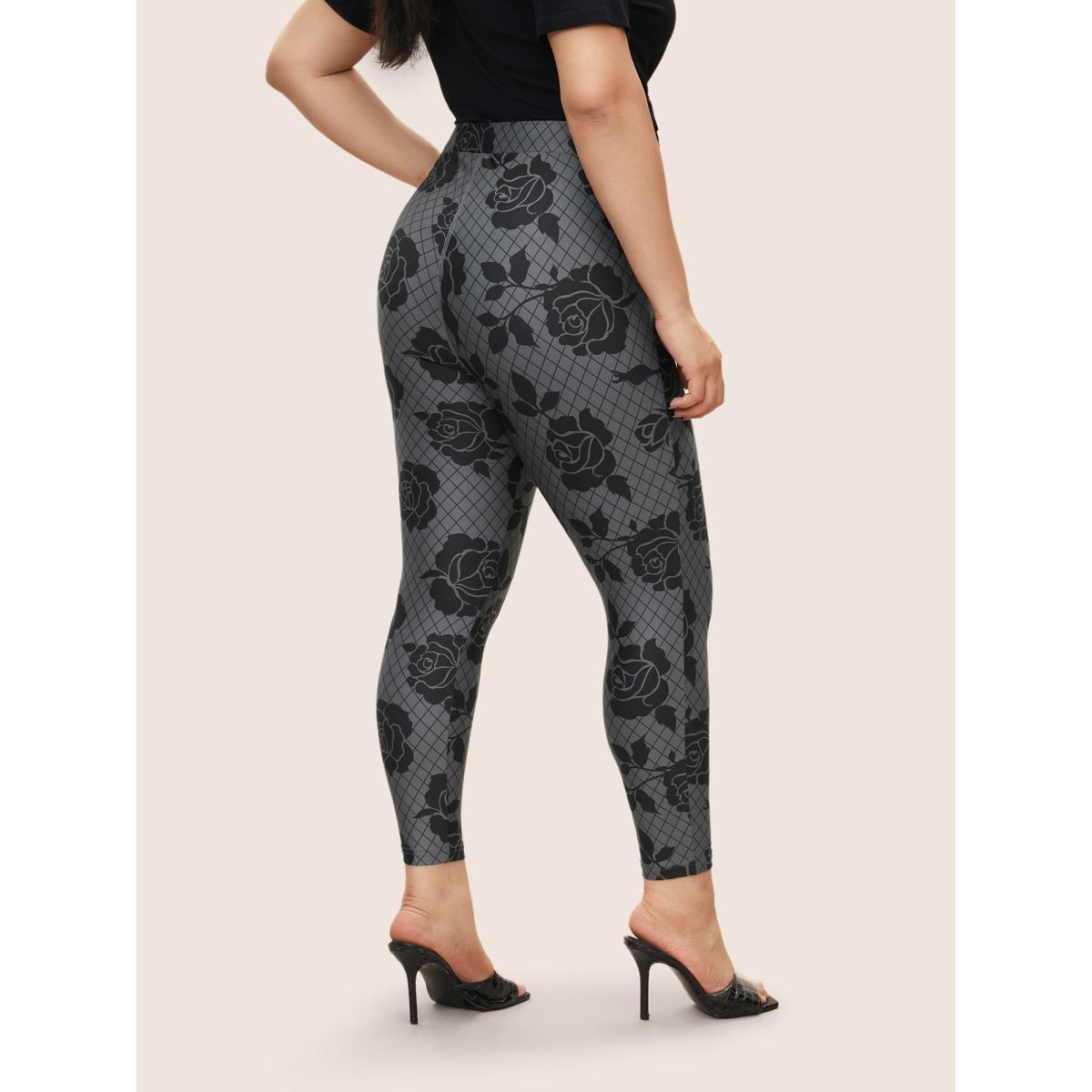 Plus Size Skinny Rose Print High Rise Leggings Women DimGray At the Office High stretch Skinny High Rise Work Leggings BloomChic 10/M Product Image