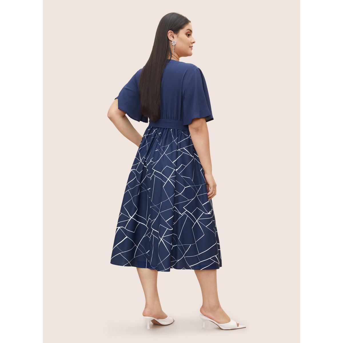 Plus Size Geometric Flat Collar With V Notch Belted Dress Indigo Women At the Office Belted Flat collar with V-notch Short sleeve Curvy Midi Dress BloomChic 30/6X Product Image