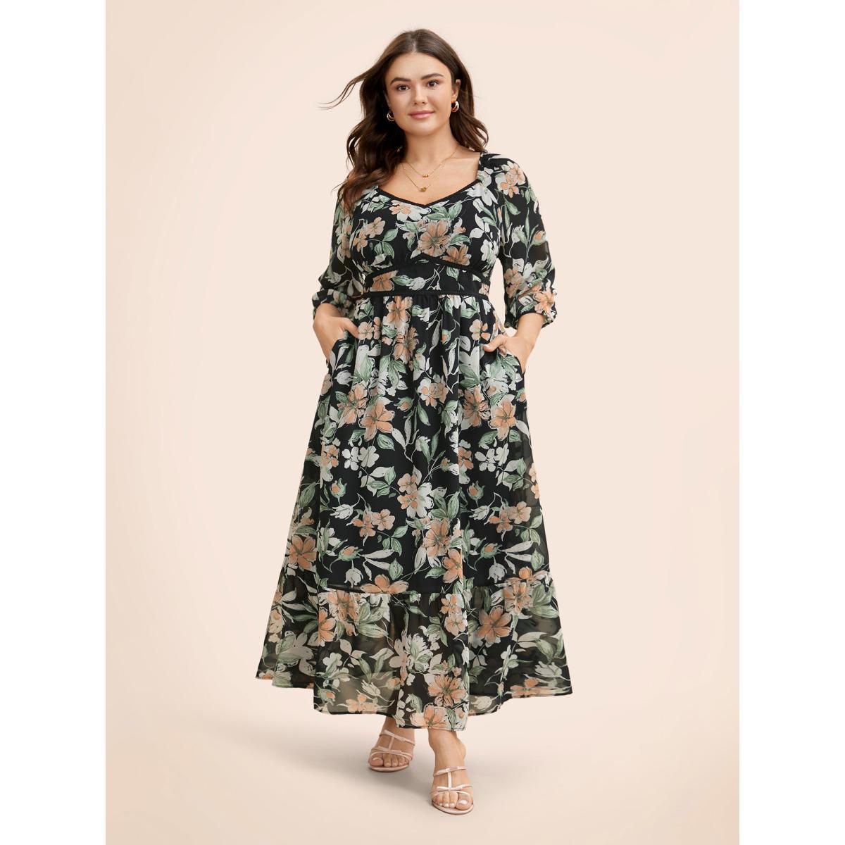 Plus Size Floral Heart Neckline Woven Ribbon Gathered Dress Black Women Elegant Woven ribbon&lace trim Heart neckline Elbow-length sleeve Curvy BloomChic 14-16/1X Product Image