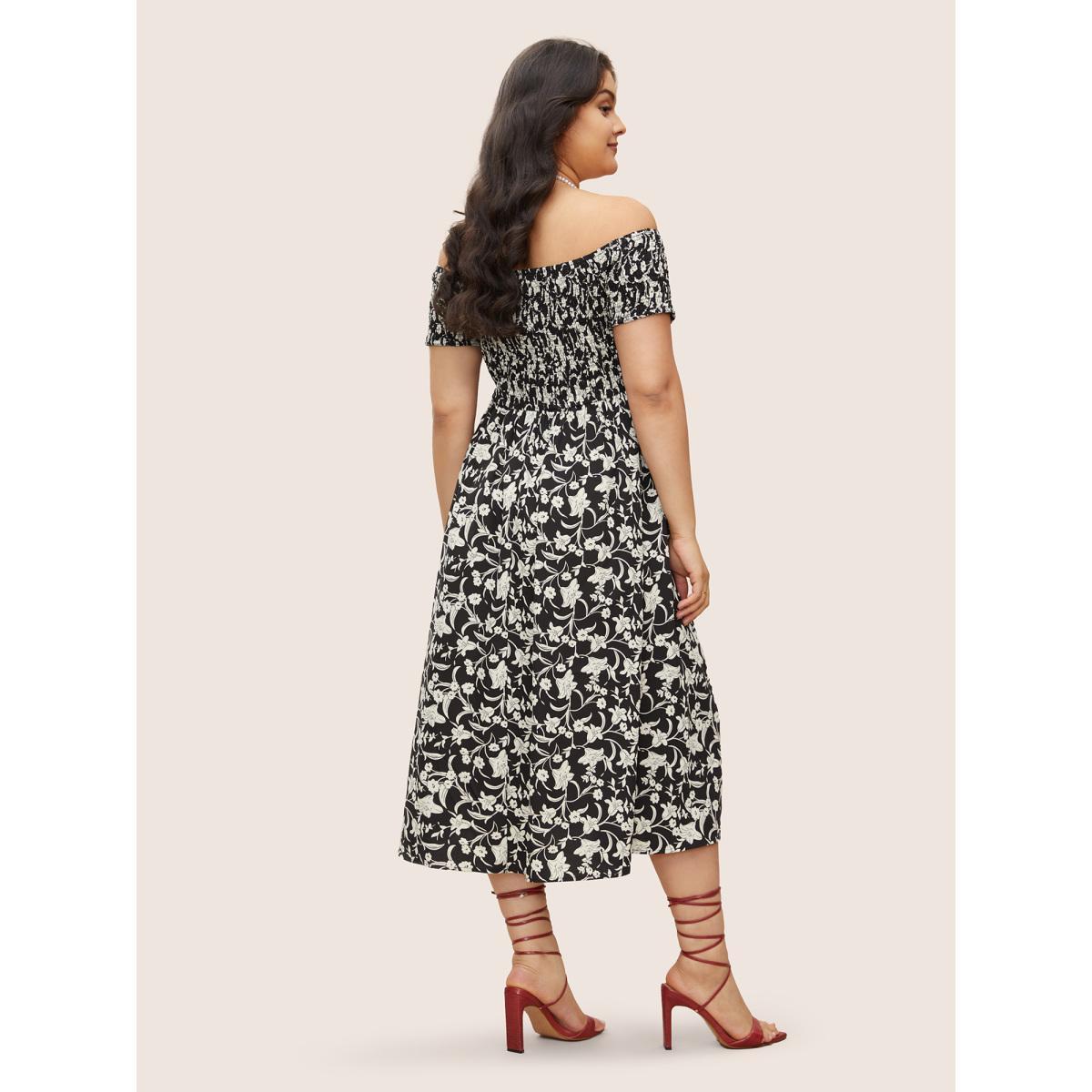 Plus Size One Shoulder Neck Floral Shirred Slit Hem Dress BlackFlower Women Elegant Slit One-shoulder neck Short sleeve Curvy Midi Dress BloomChic 12/L Product Image
