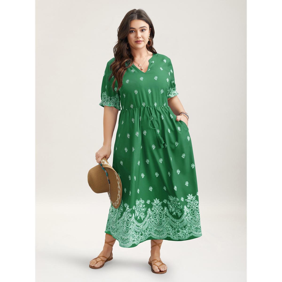 Plus Size Floral Waist-Tie Notched Collar Midi Dress Emerald Women Resort Ruffles Notched collar Half Sleeve Curvy BloomChic 28/5X Product Image