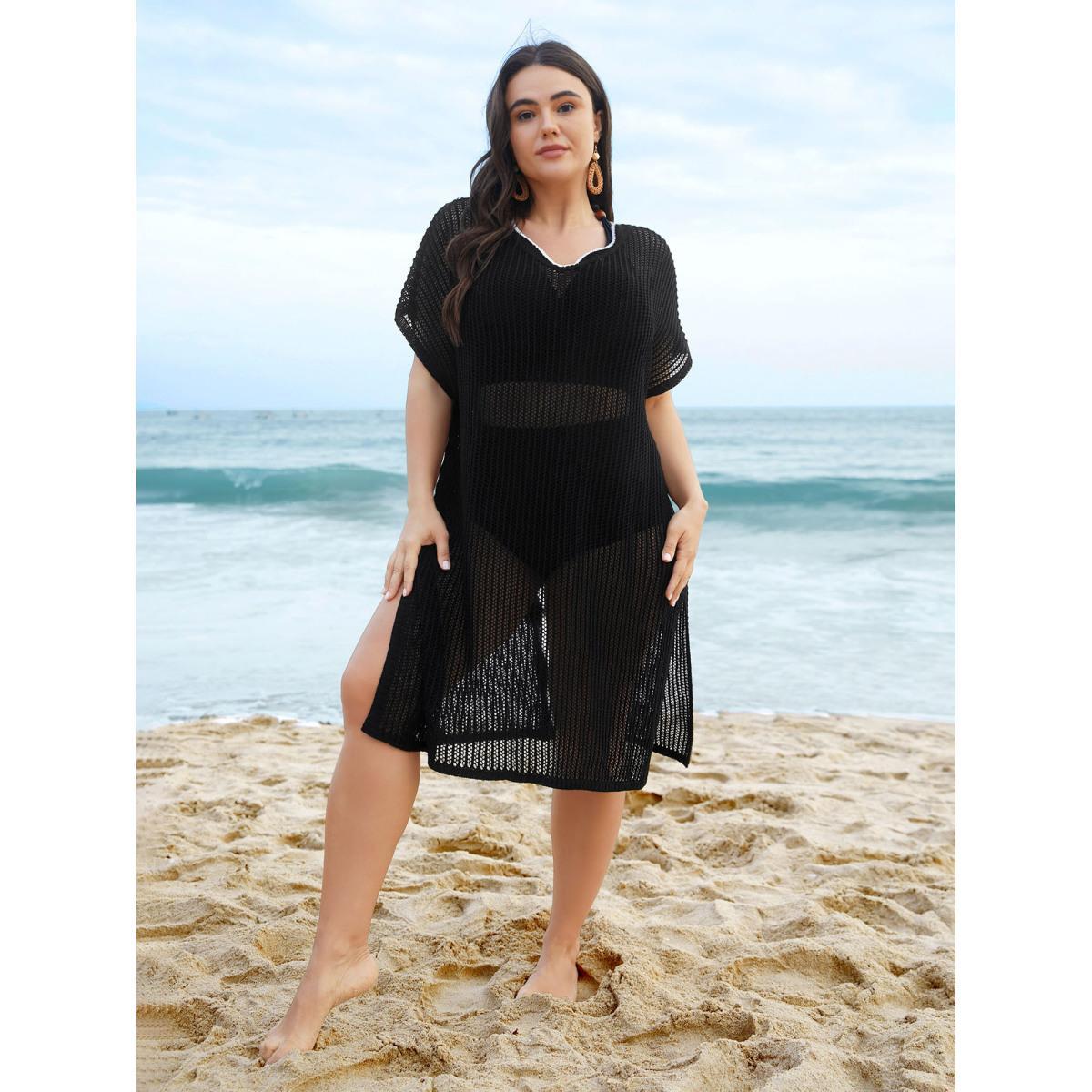 Plus Size Scalloped Neck Textured Bow Swim Cover Up Women's Swimwear Black Beach Loose Curve Swim Cover Ups BloomChic 14-16/1X Product Image