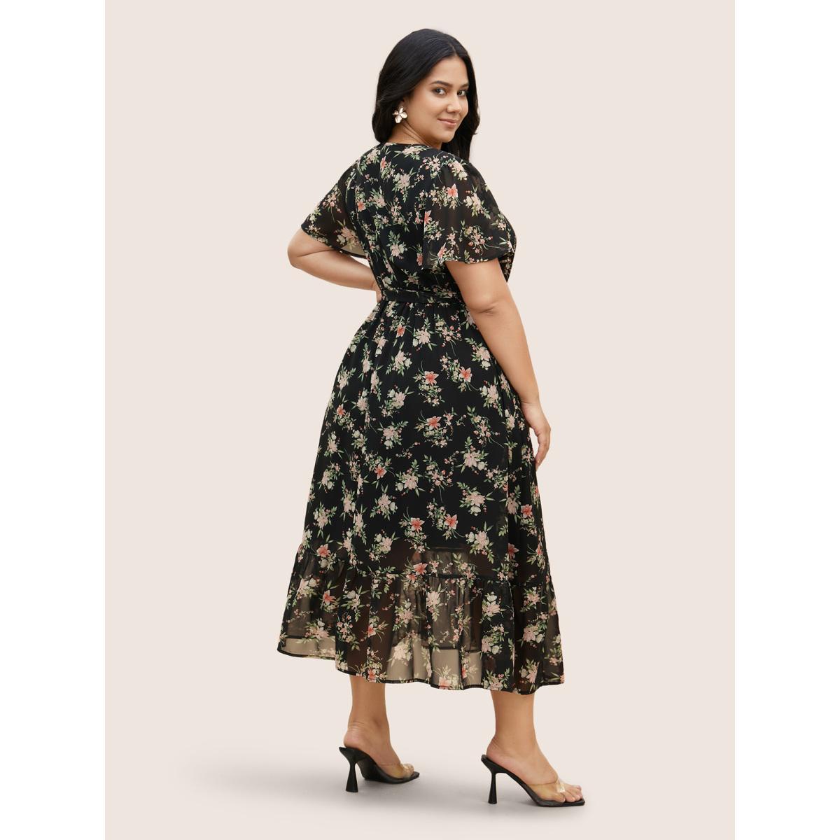 Plus Size Surplice Neck Chiffon Floral Belted Dress Black Women Elegant See through V-neck Short sleeve Curvy BloomChic 30/6X Product Image