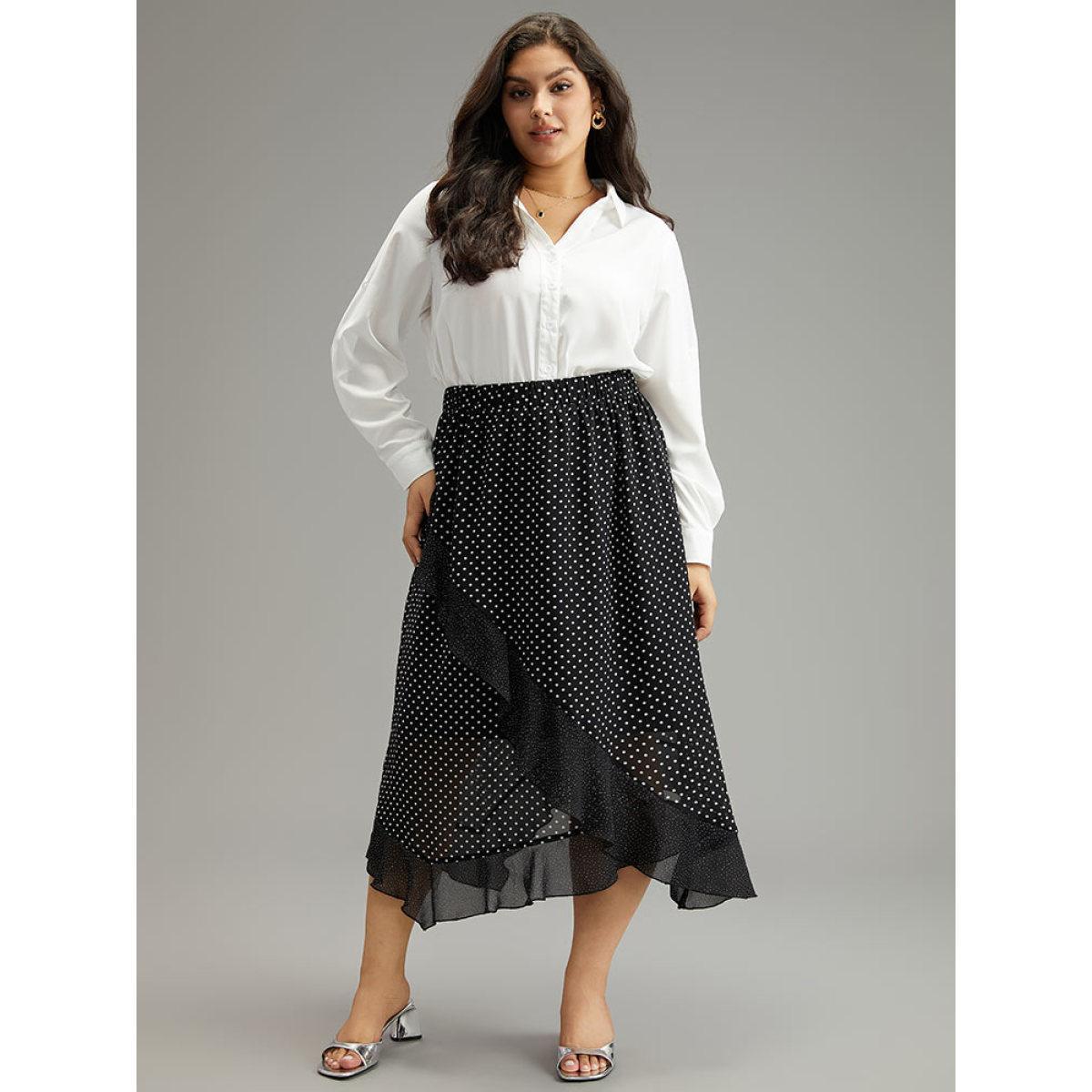 Plus Size Polka Dot Ruffles Elastic Waist Mesh Patchwork Skirt Women Black Elegant See through No stretch Dailywear Skirts BloomChic 28/5X Product Image