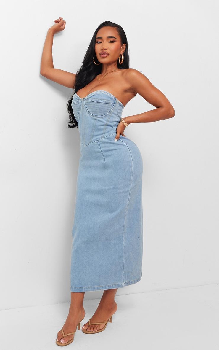 Shape Light Blue Denim Seam Detail Bandeau Maxi Dress Product Image