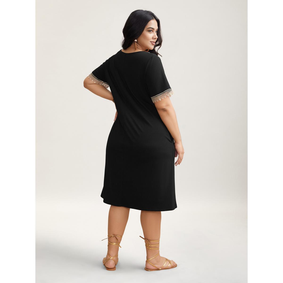 Plus Size Super Soft V-Neck Lace Midi Dress Black Women Resort Woven ribbon&lace trim Knit Dresses Bloomchic 22-24/3X Product Image
