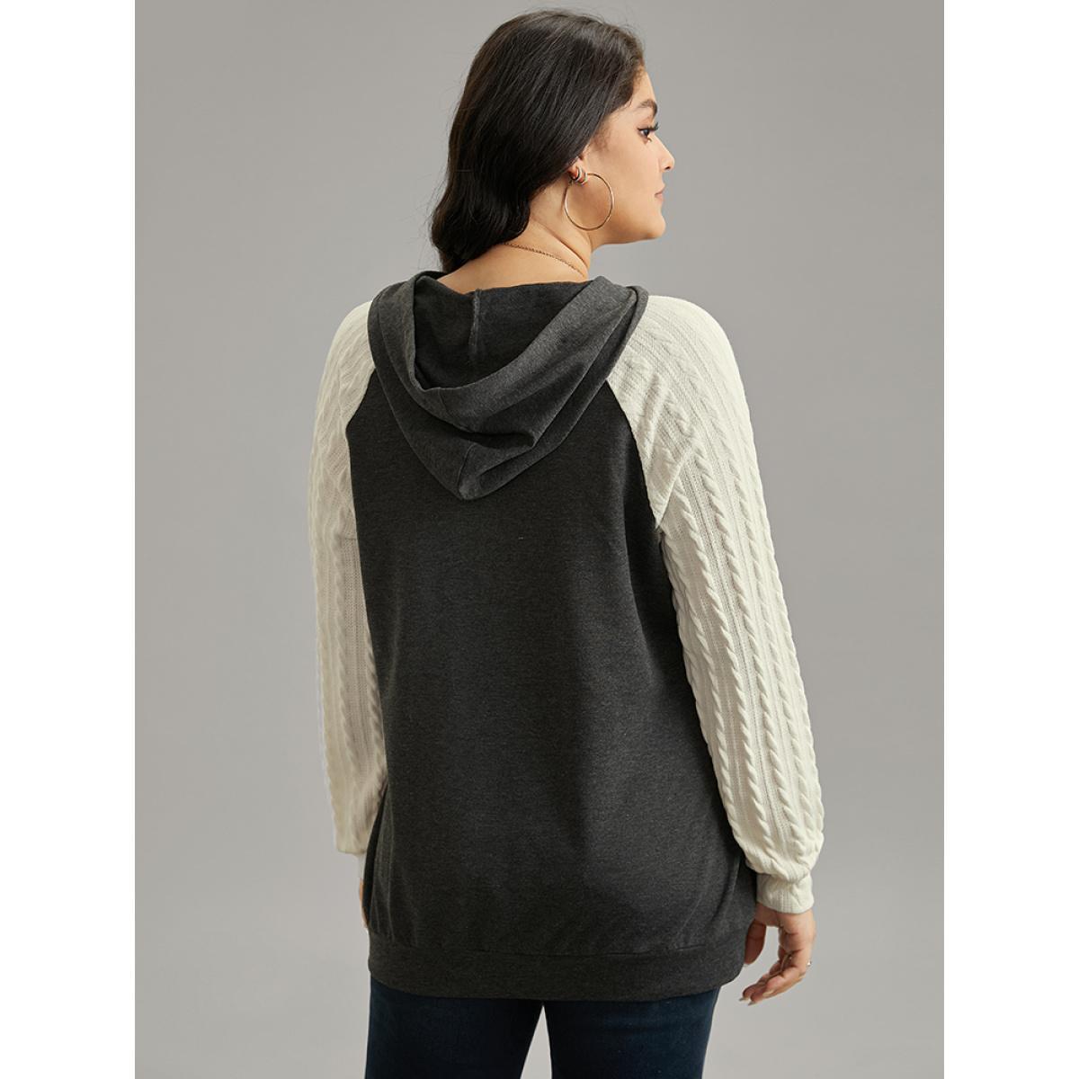 Plus Size Contrast Cable Knit Pocket Hooded Drawstring Sweatshirt Women Gray Casual Texture Hooded Everyday Sweatshirts BloomChic 22-24/3X Product Image