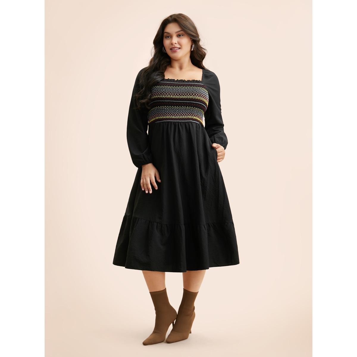 Plus Size Colored Striped Shirred Frill Trim Dress Black Women Elegant Topstitching Square Neck Long Sleeve Curvy BloomChic 10/M Product Image