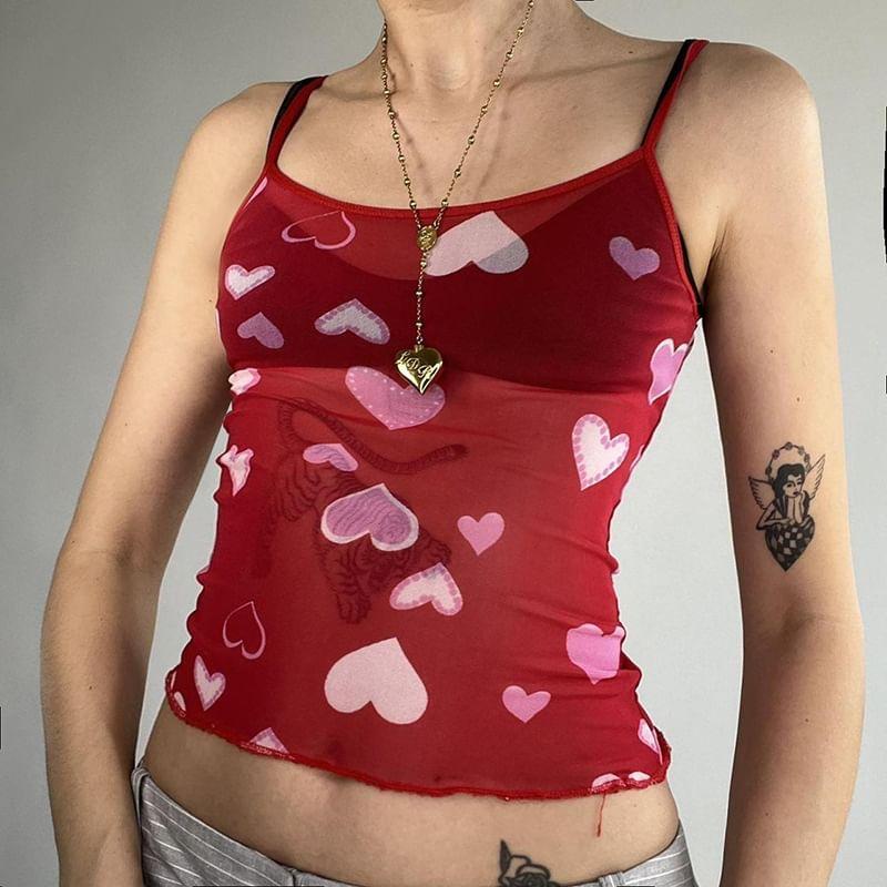 Heart Print Mesh Slim-Fit Crop Cami Top Product Image