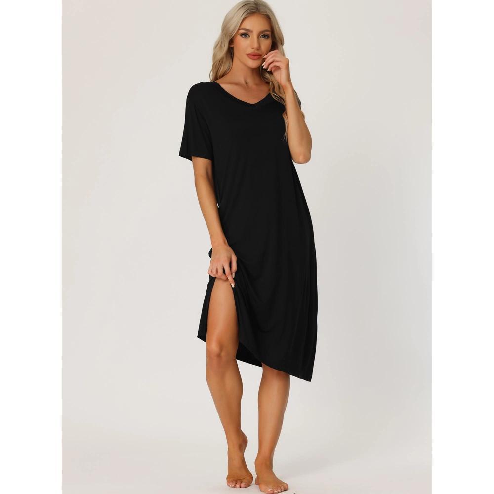 cheibear Women's Casual V-neck Short Sleeve T-shirt Dress Nightshirt Basic Midi Shirtdress Black Medium Product Image
