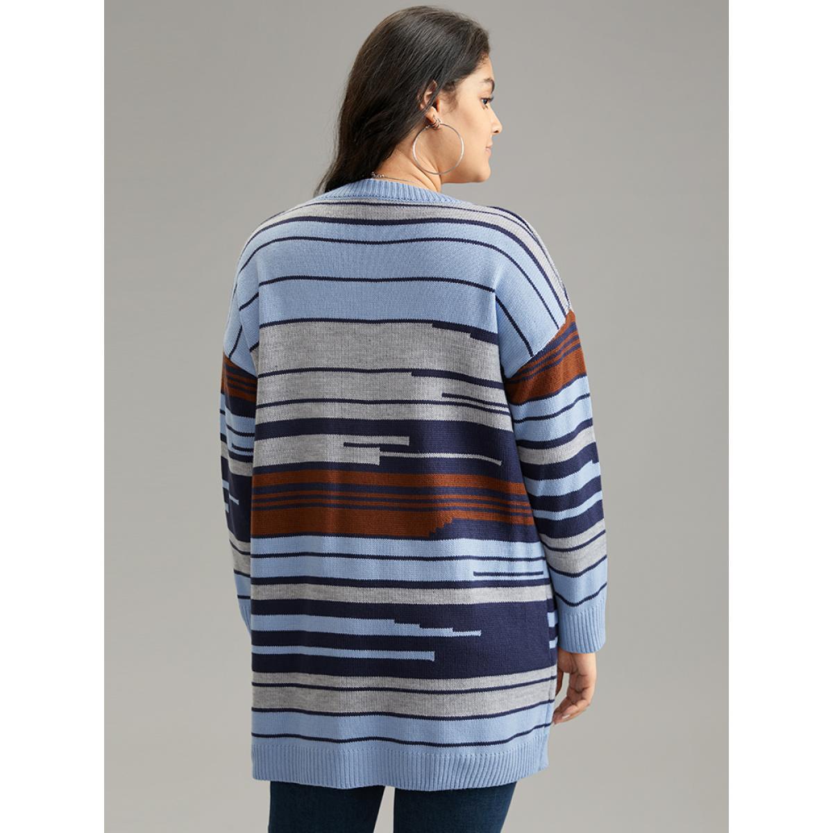 Plus Size Jacquard Asymmetrical Colorblock Contrast Cardigan Stone Women Casual Loose Long Sleeve Dailywear Cardigans BloomChic 26/4X Product Image