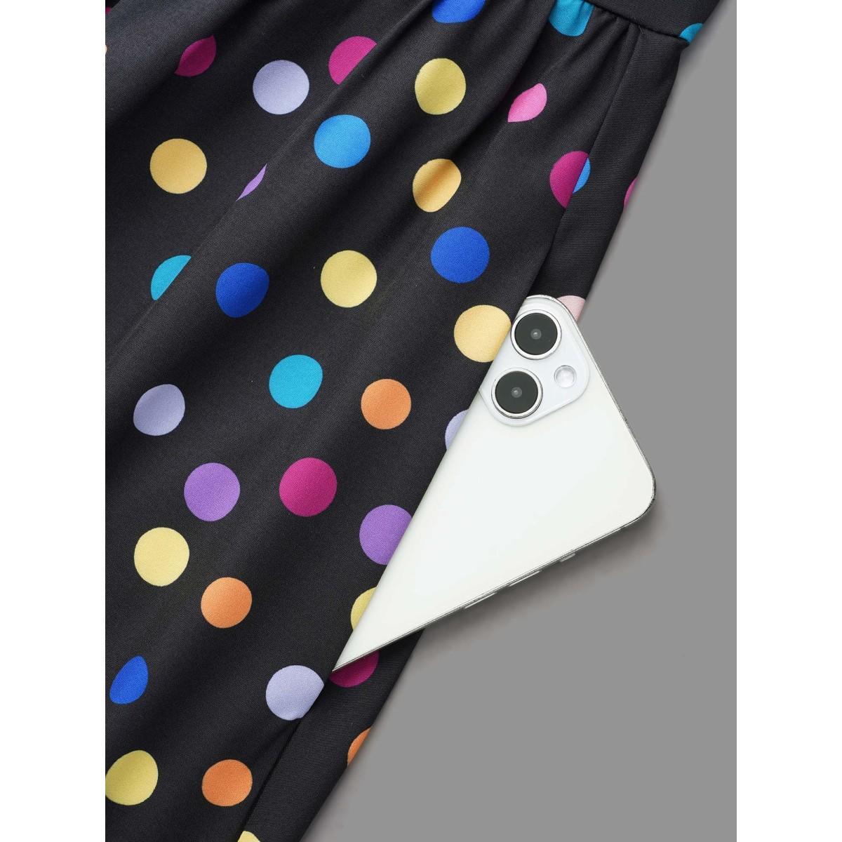 Plus Size Multi-Color Polka Dot Stretchy-Waist Dress Black Women Elegant Non V-neck Long Sleeve Curvy BloomChic 10/M Product Image
