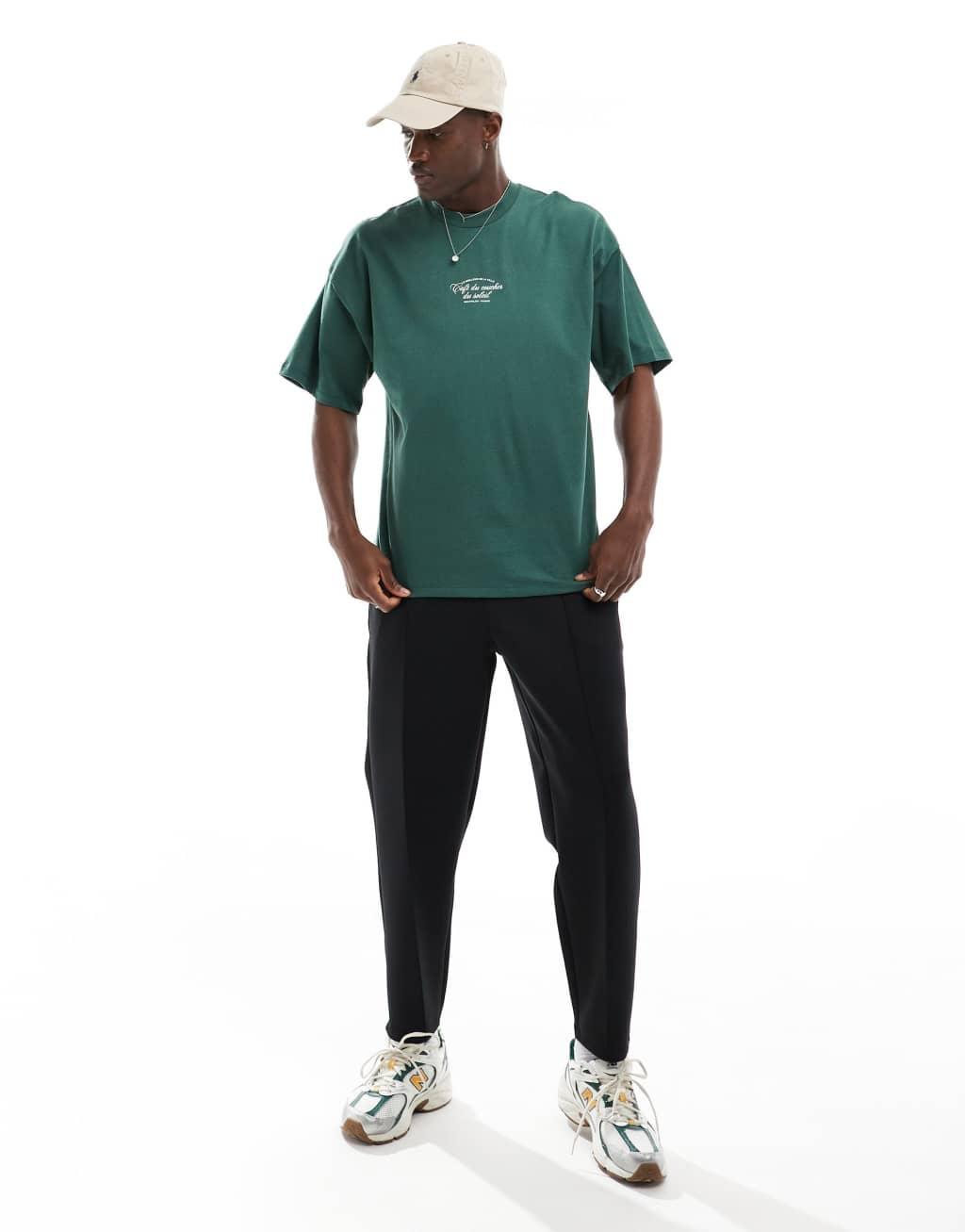 Selected Homme oversized heavy weight T-shirt with script backprint in green Product Image