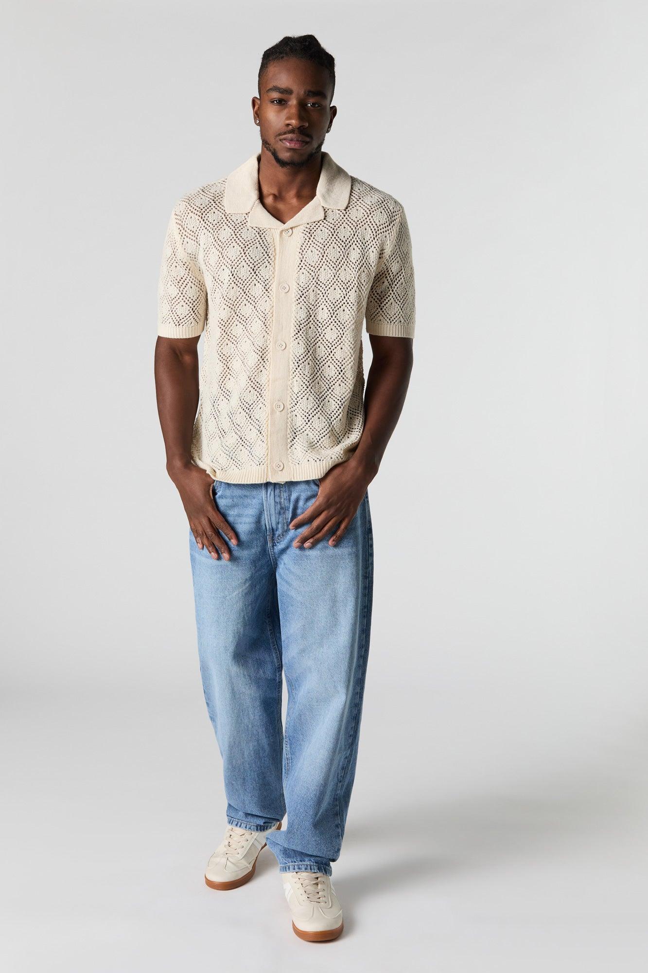 Crochet Knit Button-Up Top Male Product Image