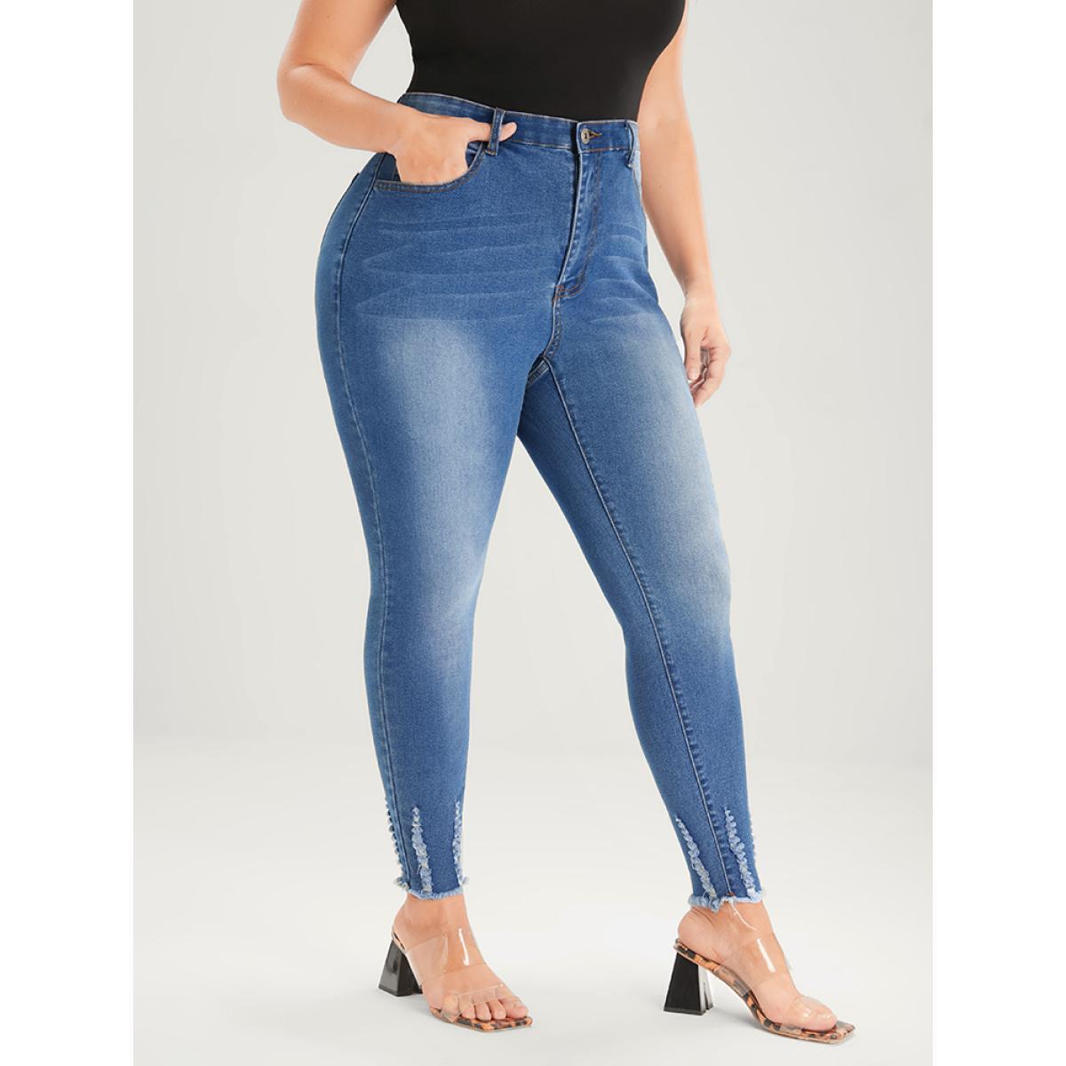 Plus Size Skinny Very Stretchy Mid Rise Medium Wash Pocket Jeans Women Blue Casual Plain Pocket High stretch Pocket Jeans BloomChic 10/M Product Image