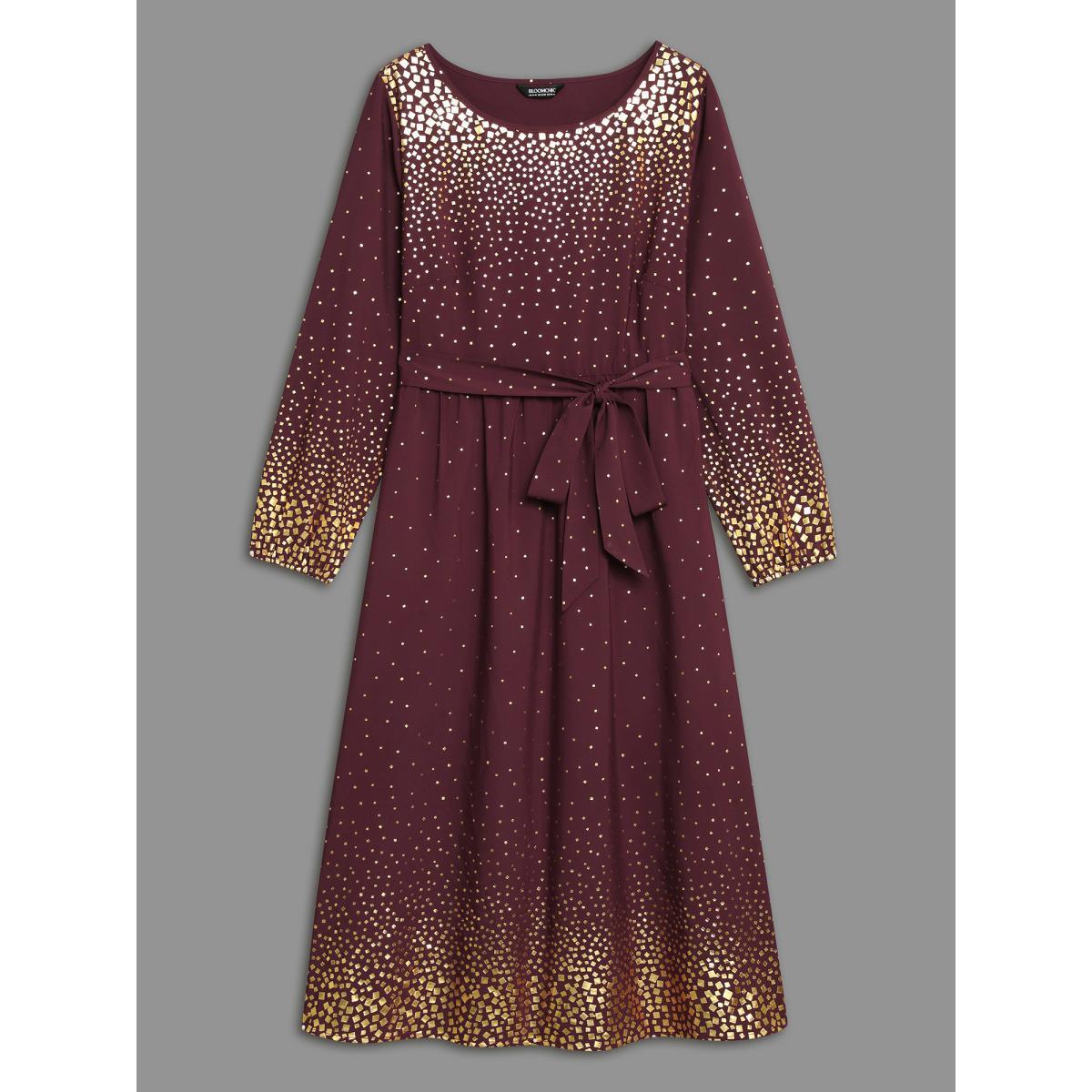 Plus Size Glitter Round Neck Belted Lantern Sleeve Dress Plum Women Cocktail Texture Party Curvy Bloomchic 28/5X Product Image