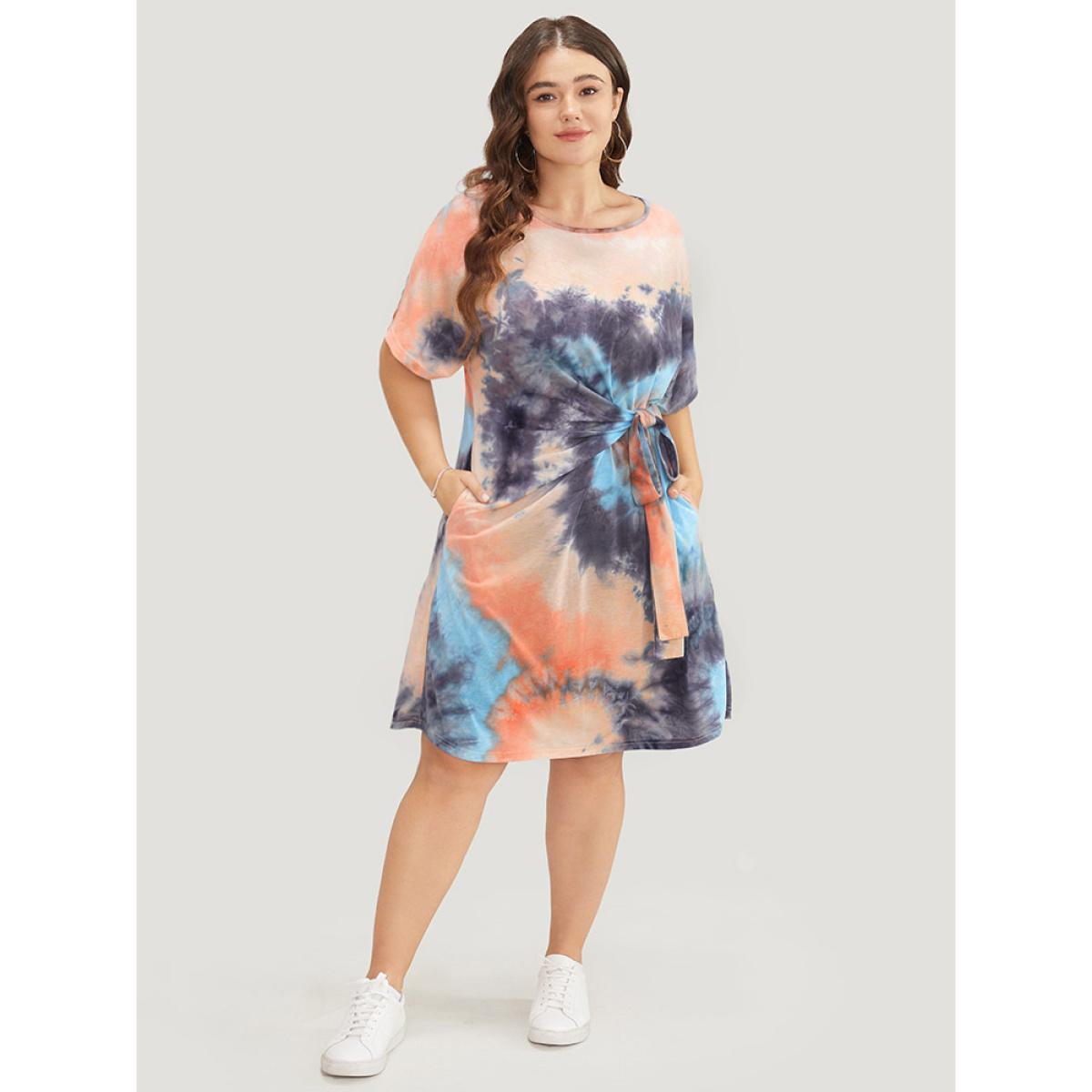 Plus Size Tie Dye Pocket Knotted Front Batwing Sleeve Knee Dress Multicolor Women Casual Knotted Round Neck Short sleeve Curvy Knee Dress BloomChic 28/5X Product Image