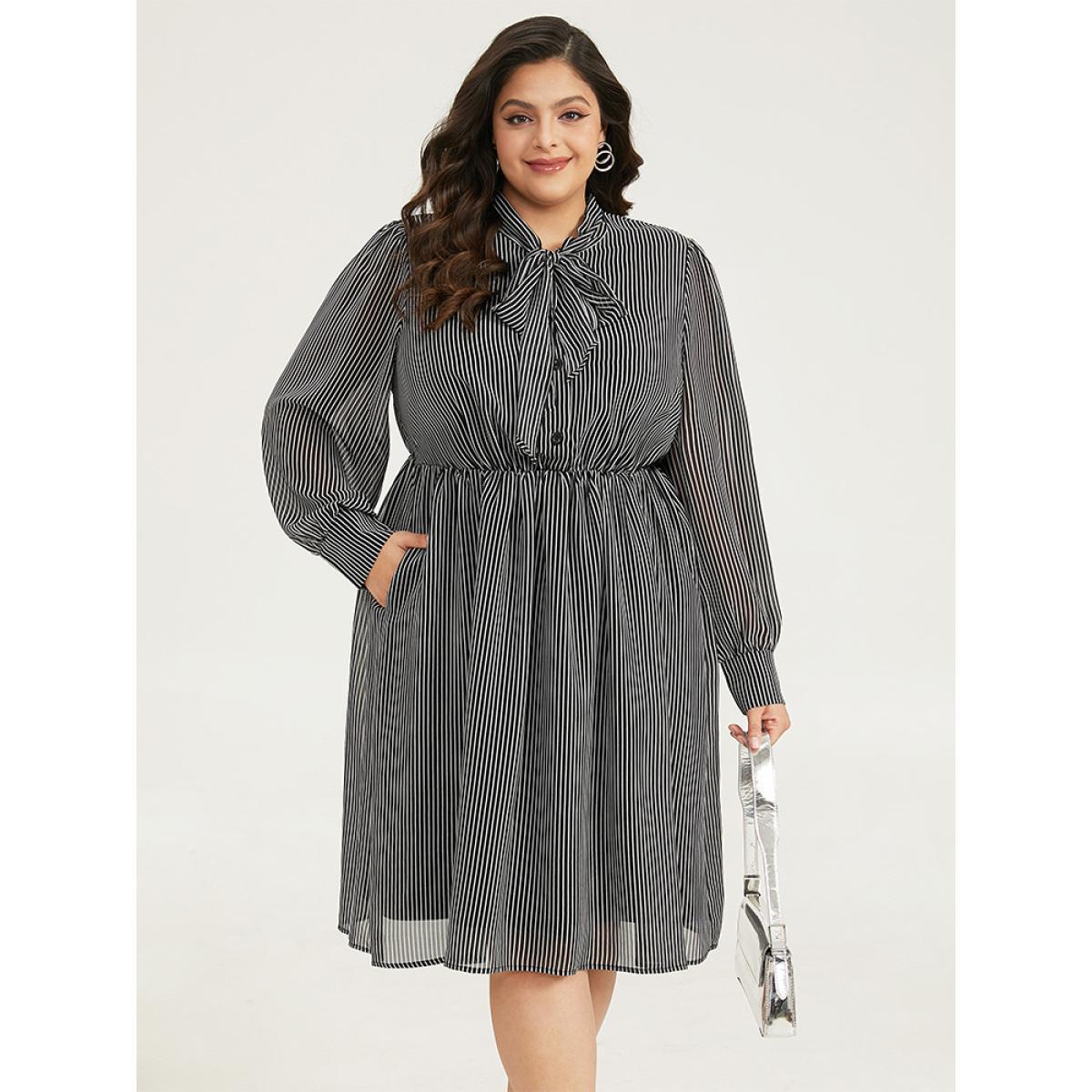 Plus Size Striped Mesh Elastic Waist Knot Neck Dress Black Women Office Printed Tie Neck Long Sleeve Curvy Midi Dress BloomChic 18-20/2X Product Image