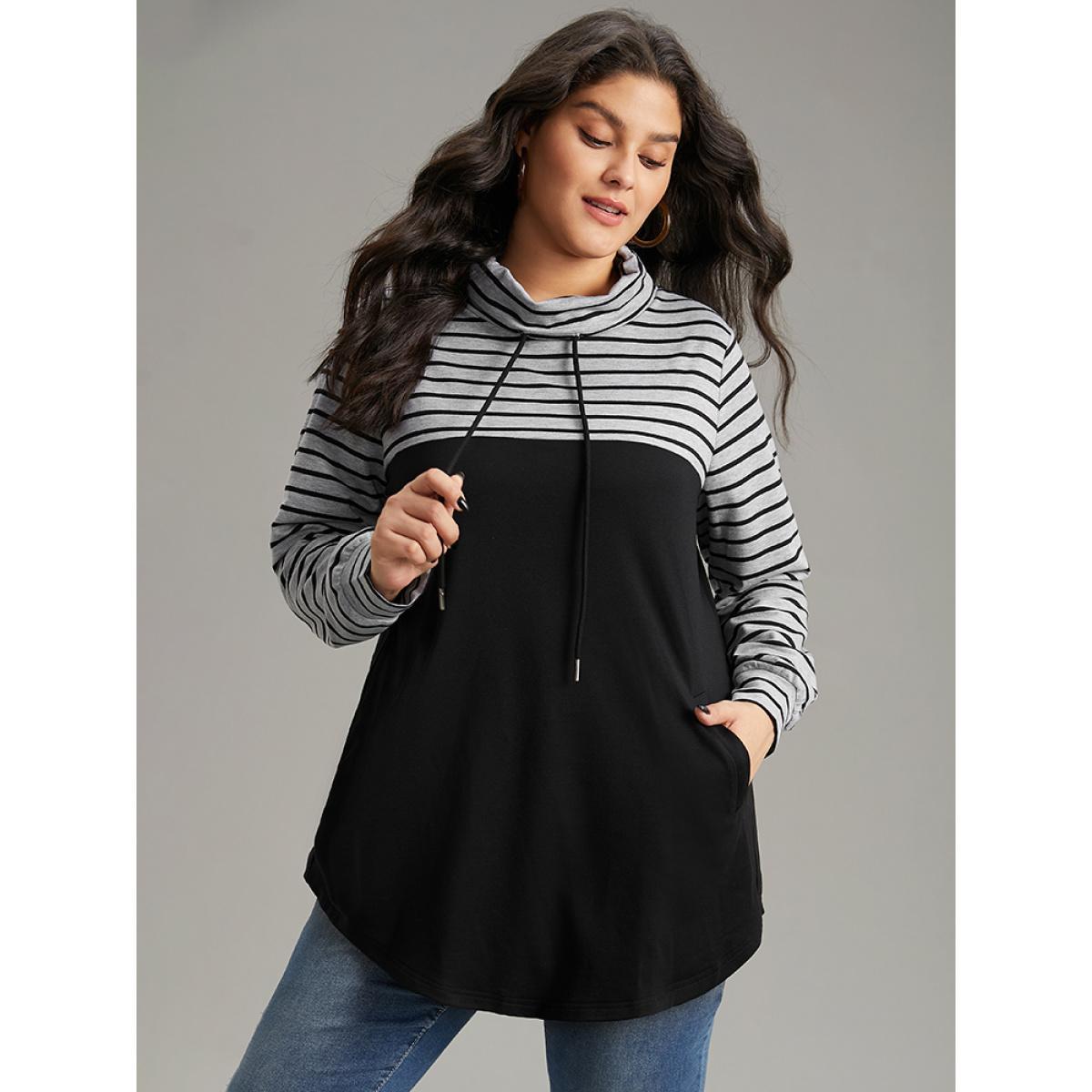 Plus Size Mock Neck Striped Patchwork Drawstring Sweatshirt Women Black Casual Contrast Mock Neck Everyday Sweatshirts BloomChic 10/M Product Image