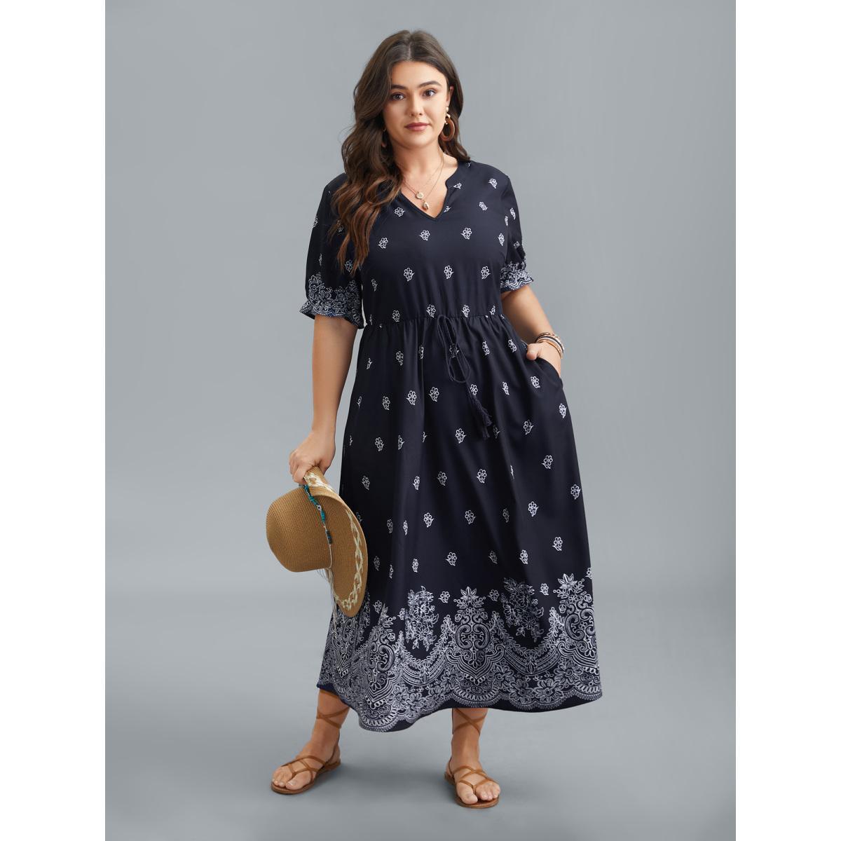 Plus Size Floral Waist-Tie Notched Collar Midi Dress Indigo Women Resort Ruffles Notched collar Half Sleeve Curvy BloomChic 12/L Product Image
